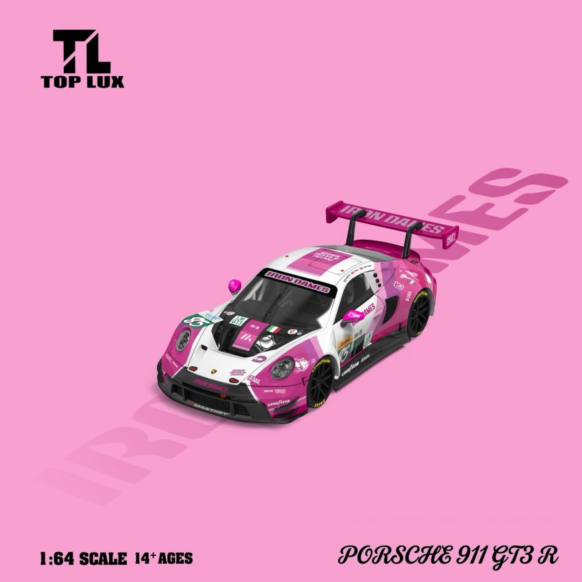 Lot57Supplies Diecast Shop TOP LUX 1:64 scale diecast Porsche 911 GT3-R Iron Dames race car in pink and white.