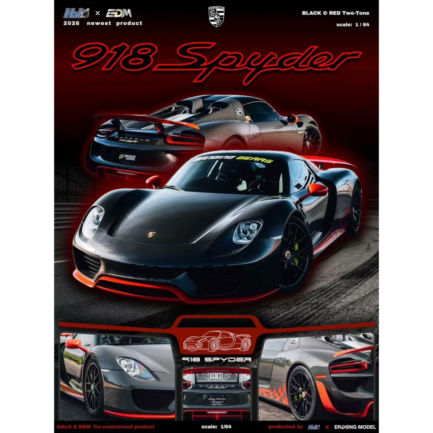 Lot57Supplies Diecast Shop HALO x EDM Porsche 918 Spyder 1:64 scale model, black and red two-tone resin car.