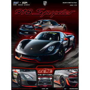 Lot57Supplies Diecast Shop HALO x EDM Porsche 918 Spyder 1:64 scale model, black and red two-tone resin car.