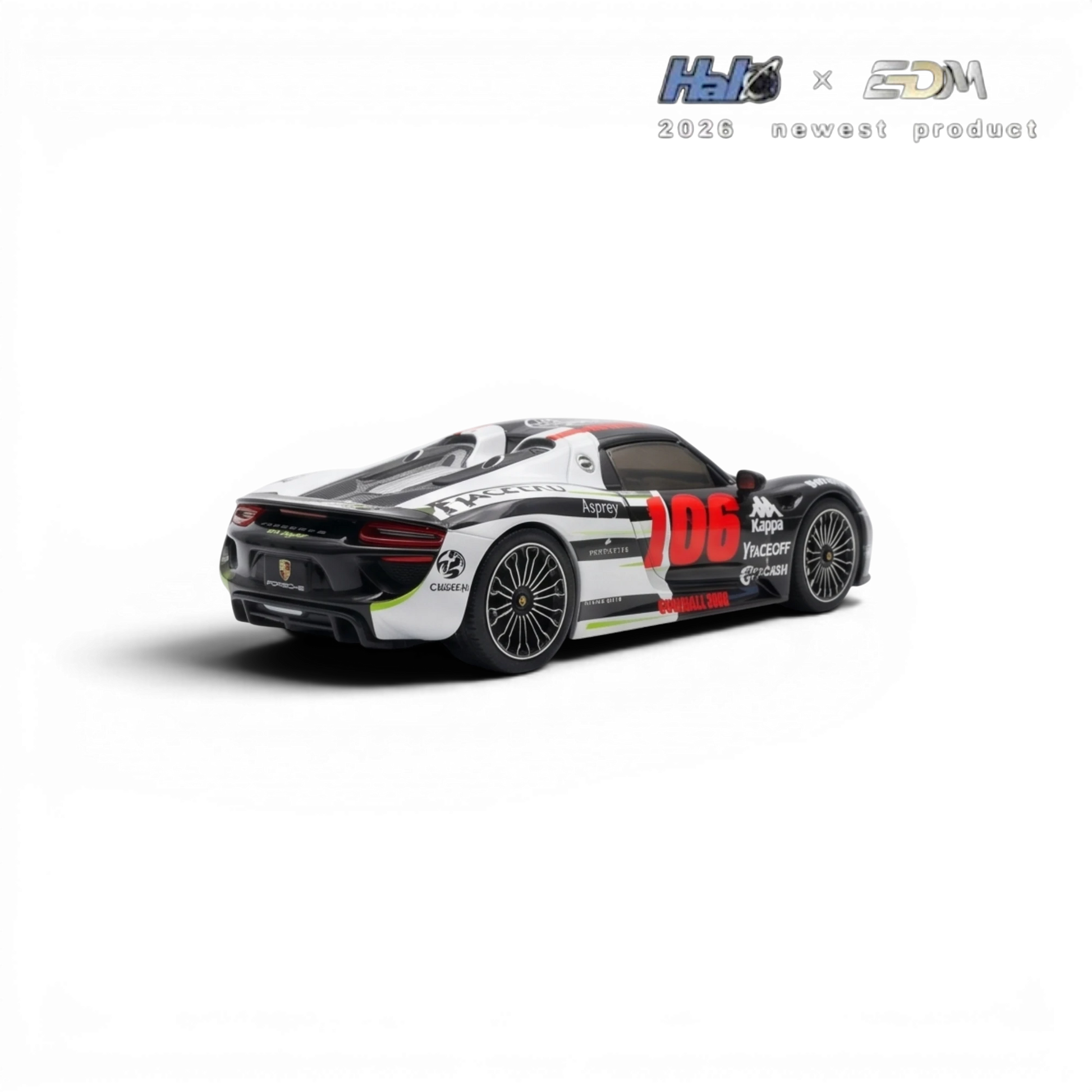 Lot57Supplies Diecast Shop HALO x EDM Porsche 918 Spyder 1:64 scale model in Gumball 3000 livery, black, white, and green resin.