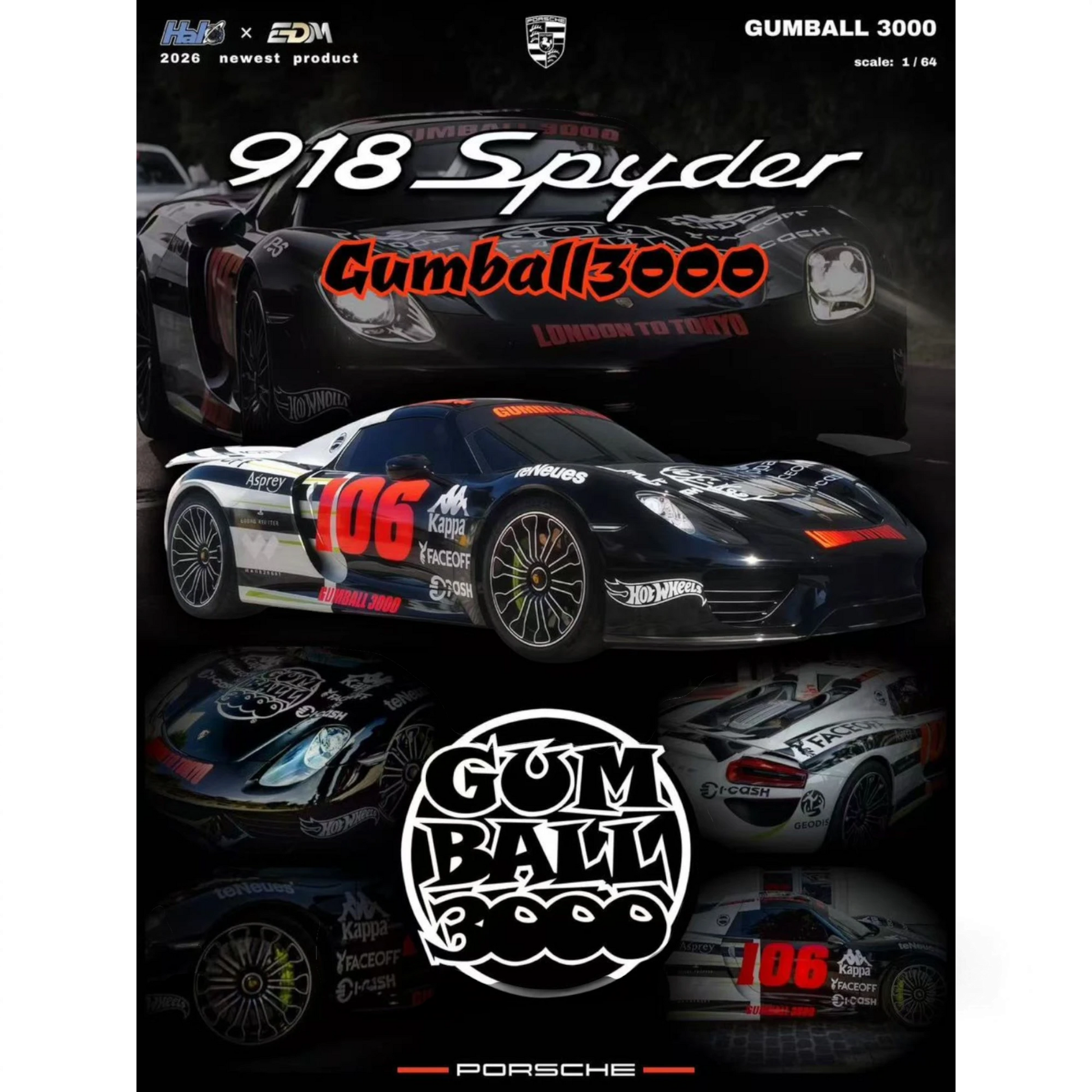 Lot57Supplies Diecast Shop HALO x EDM Porsche 918 Spyder Gumball 3000 1:64 scale resin model car.