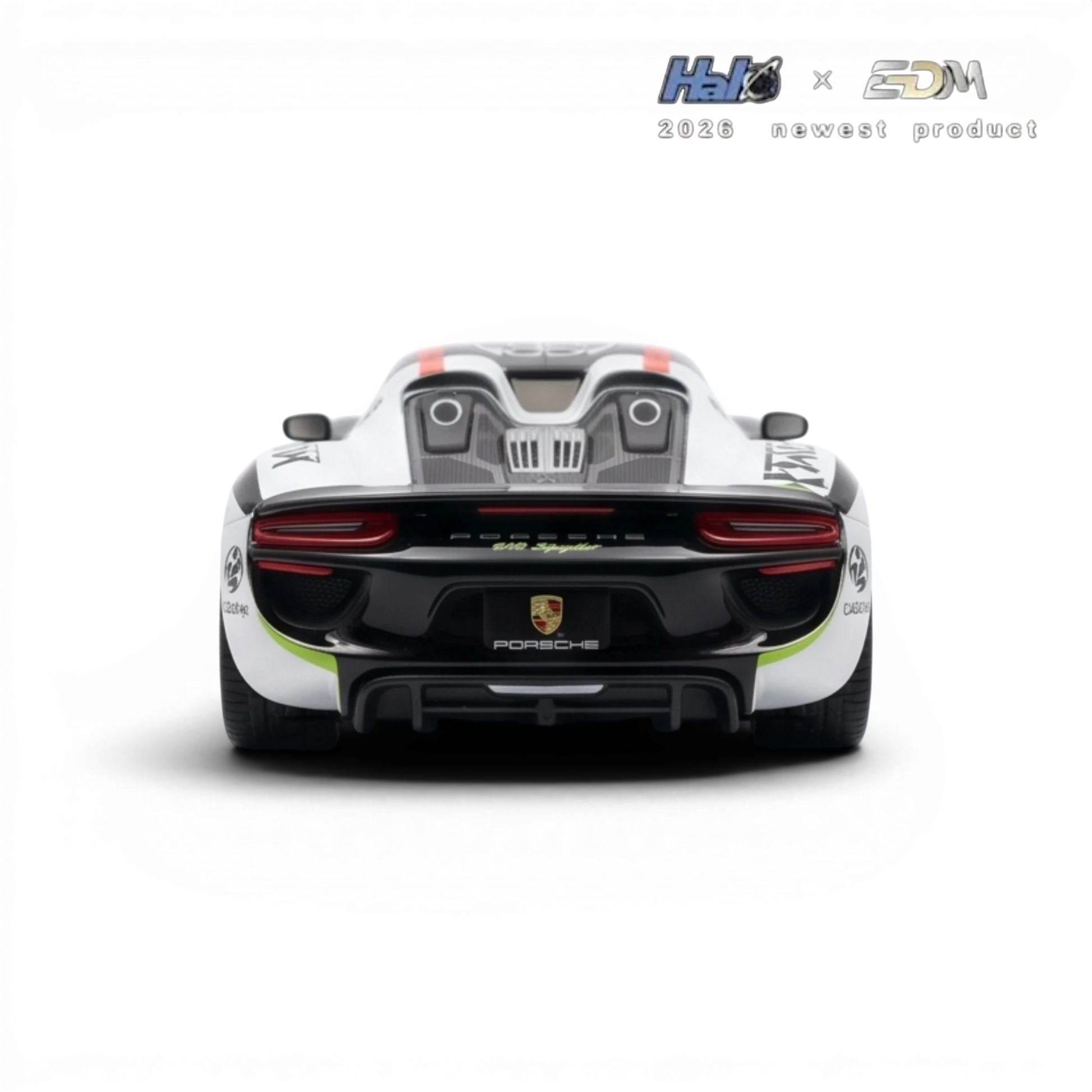 Lot57Supplies Diecast Shop HALO x EDM Porsche 918 Spyder 1:64 scale model, Gumball 3000 livery, white with black and green accents.