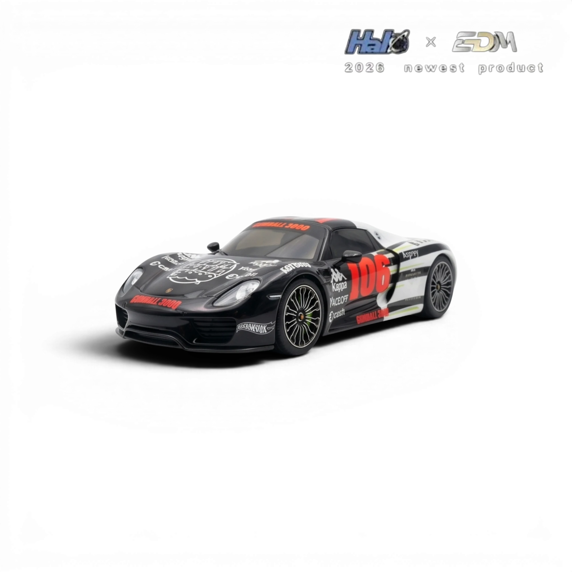 Lot57Supplies Diecast Shop HALO x EDM Porsche 918 Spyder 1:64 scale model in black with Gumball 3000 livery.