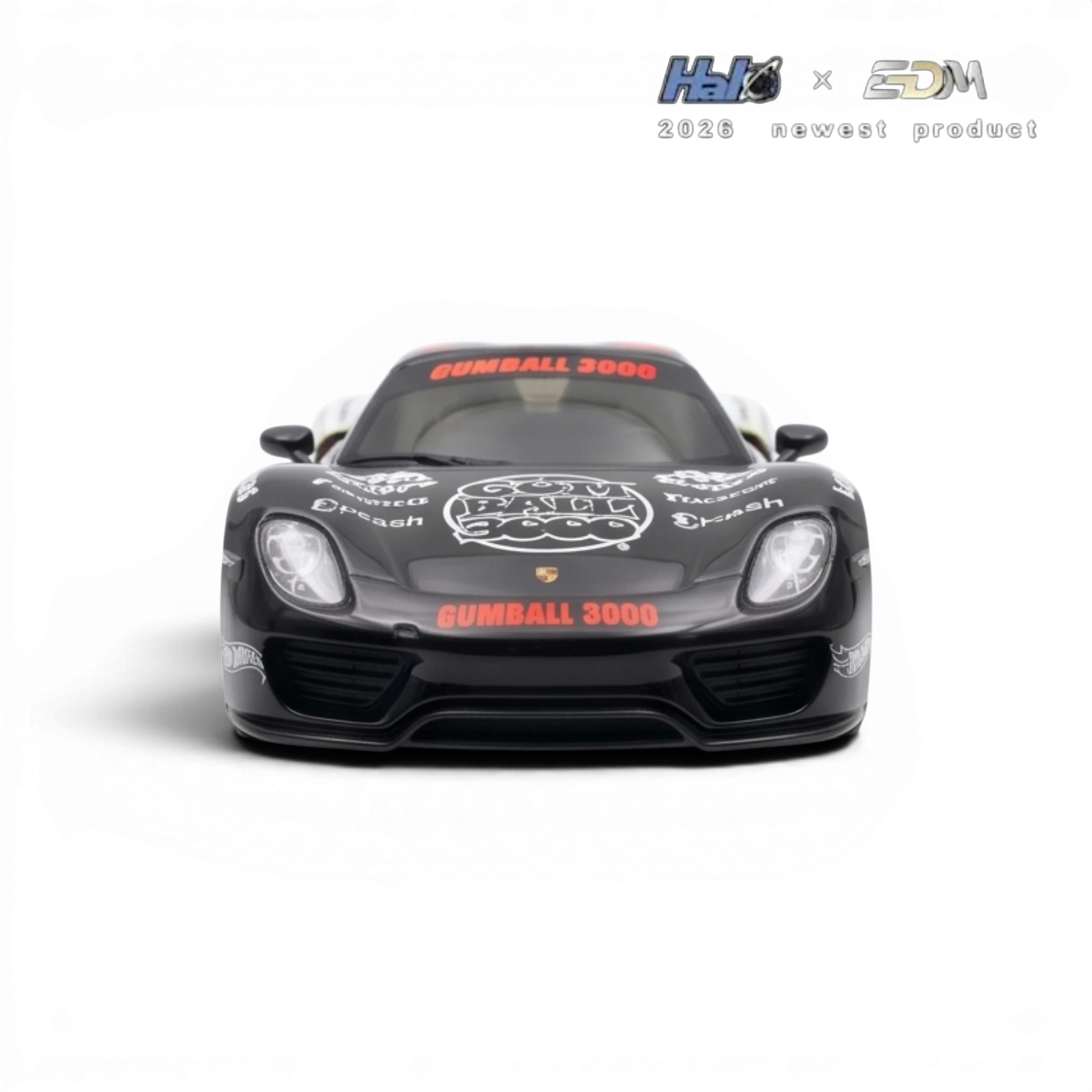 Lot57Supplies Diecast Shop HALO x EDM Porsche 918 Spyder 1:64 scale Gumball 3000 black resin model car.