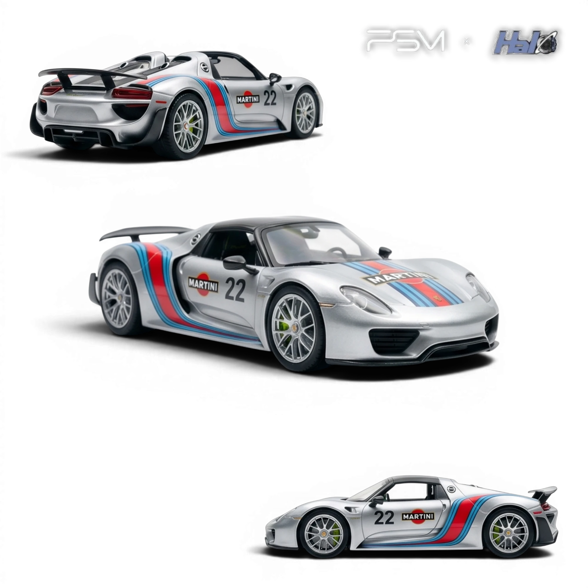 Lot57Supplies Diecast Shop Porsche 918 Spyder 1:64 scale model in matte silver with Martini livery and racing number 22.