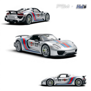 Lot57Supplies Diecast Shop Porsche 918 Spyder 1:64 scale model in matte silver with Martini livery and racing number 22.