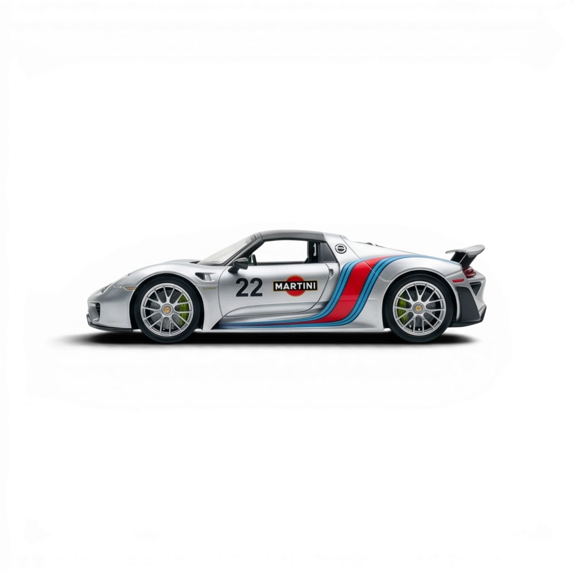 Lot57Supplies Diecast Shop 1:64 scale matte silver Porsche 918 Spyder model with Martini racing livery and number 22.