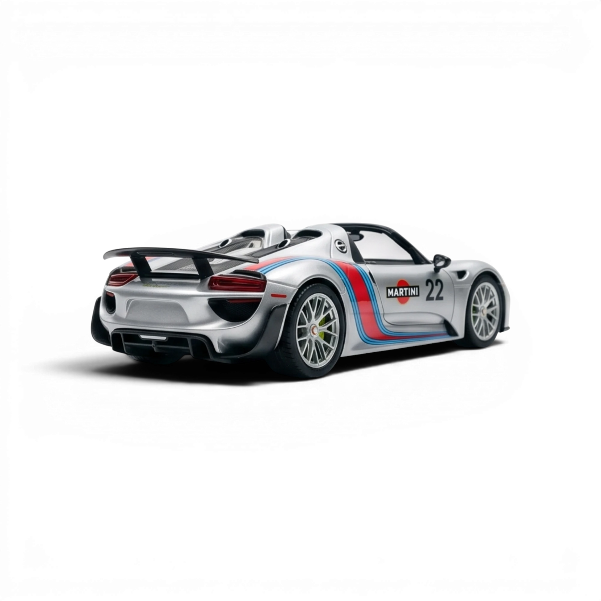 Lot57Supplies Diecast Shop 1:64 scale resin model of a silver Porsche 918 Spyder with Matte Silver Martini livery and racing number 22.