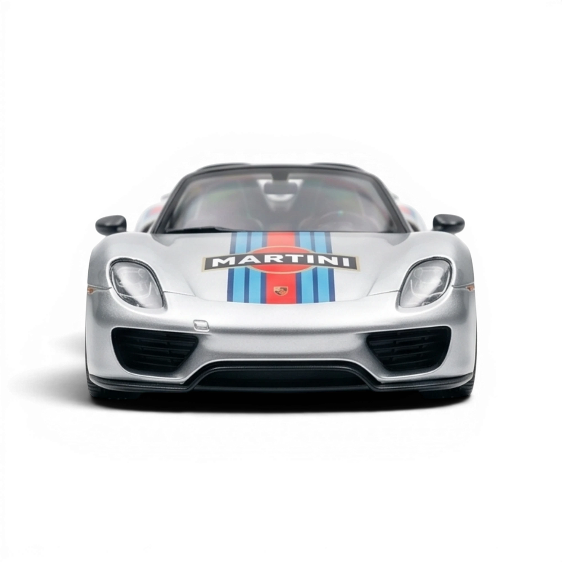 Lot57Supplies Diecast Shop 1:64 scale matte silver Porsche 918 Spyder resin model with Martini livery.
