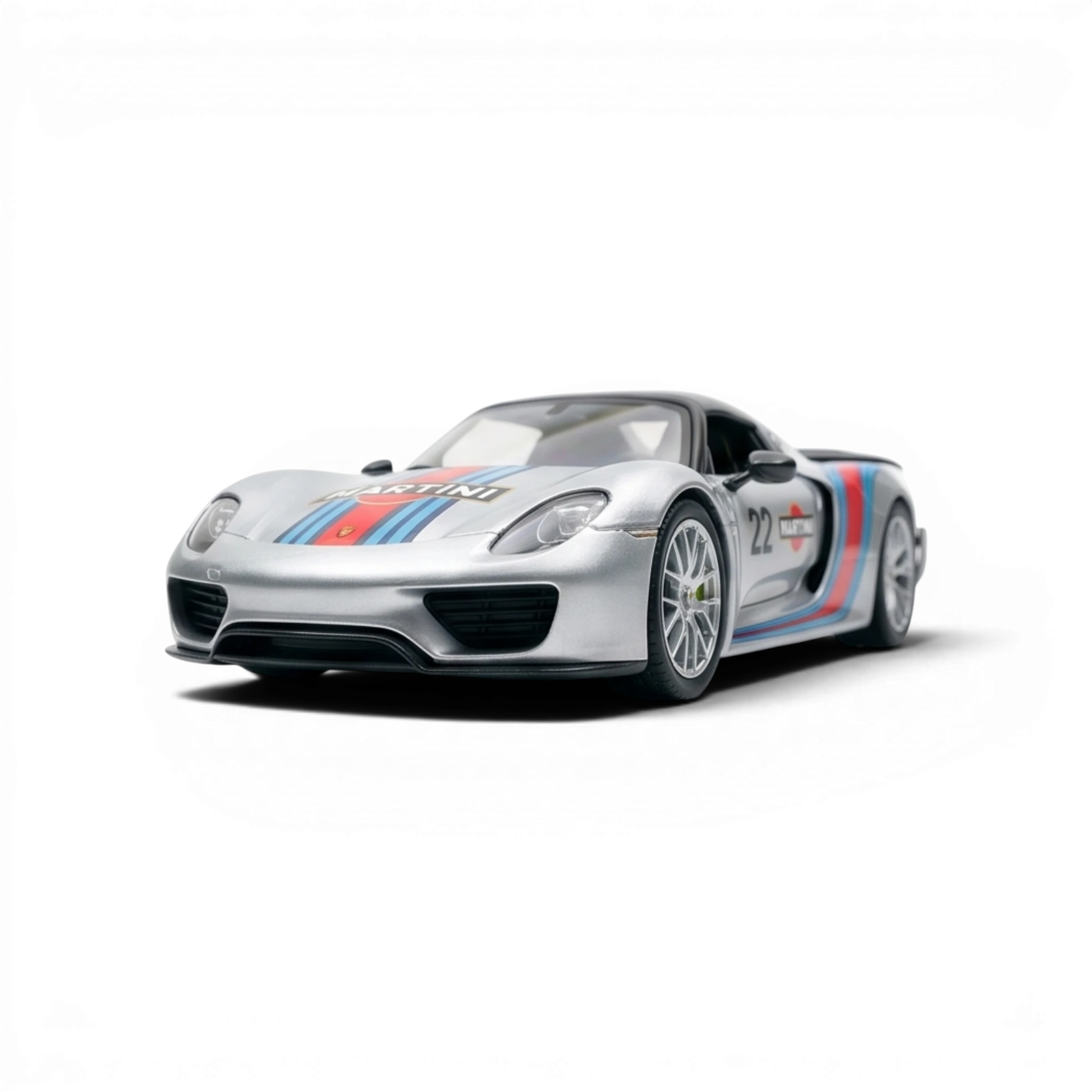 Lot57Supplies Diecast Shop Porsche 918 Spyder 1:64 scale model in matte silver with Martini racing livery.