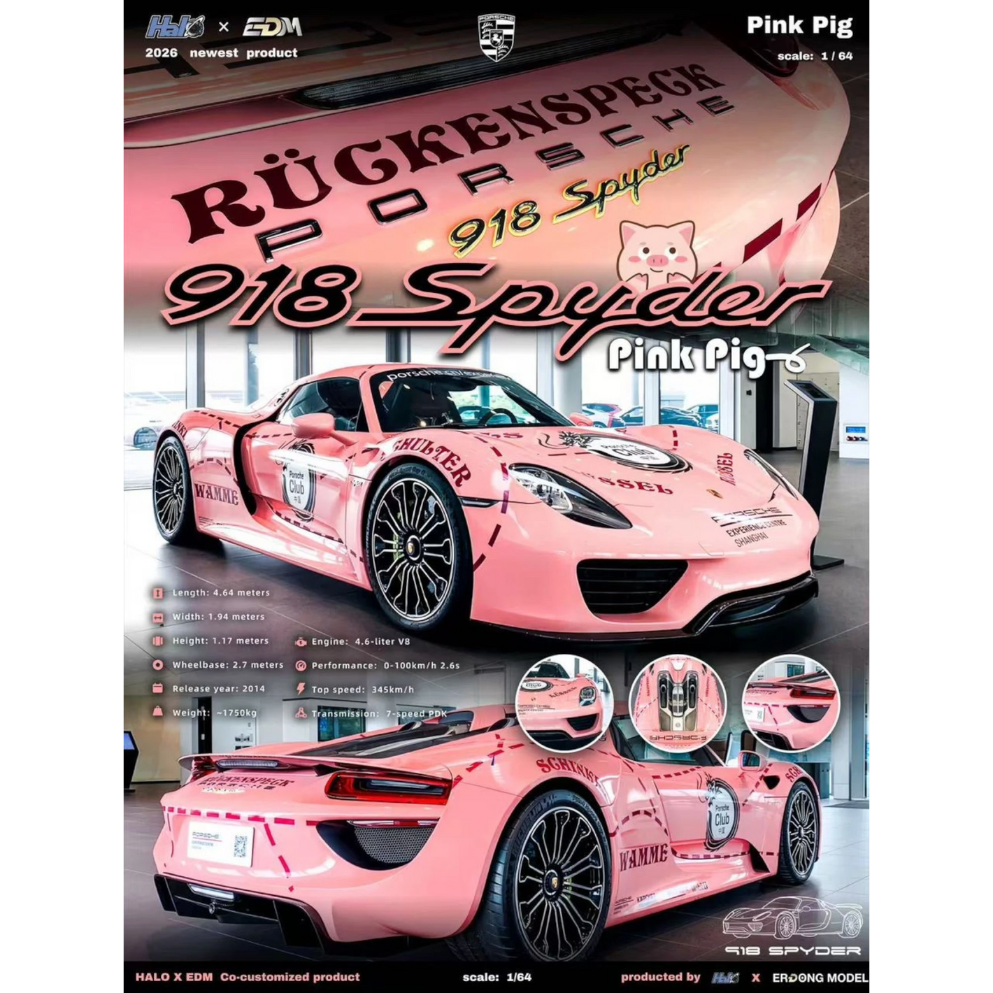 Lot57Supplies Diecast Shop HALO x EDM Porsche 918 Spyder Pink Pig 1:64 scale resin model car.