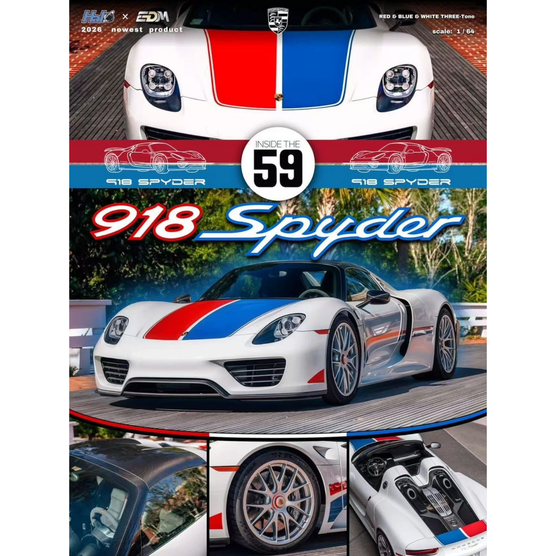 Lot57Supplies Diecast Shop HALO x EDM Porsche 918 Spyder 1:64 scale model in red, blue, and white Brumos livery. Resin collectible.