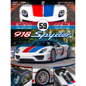 Lot57Supplies Diecast Shop HALO x EDM Porsche 918 Spyder 1:64 scale model in red, blue, and white Brumos livery. Resin collectible.