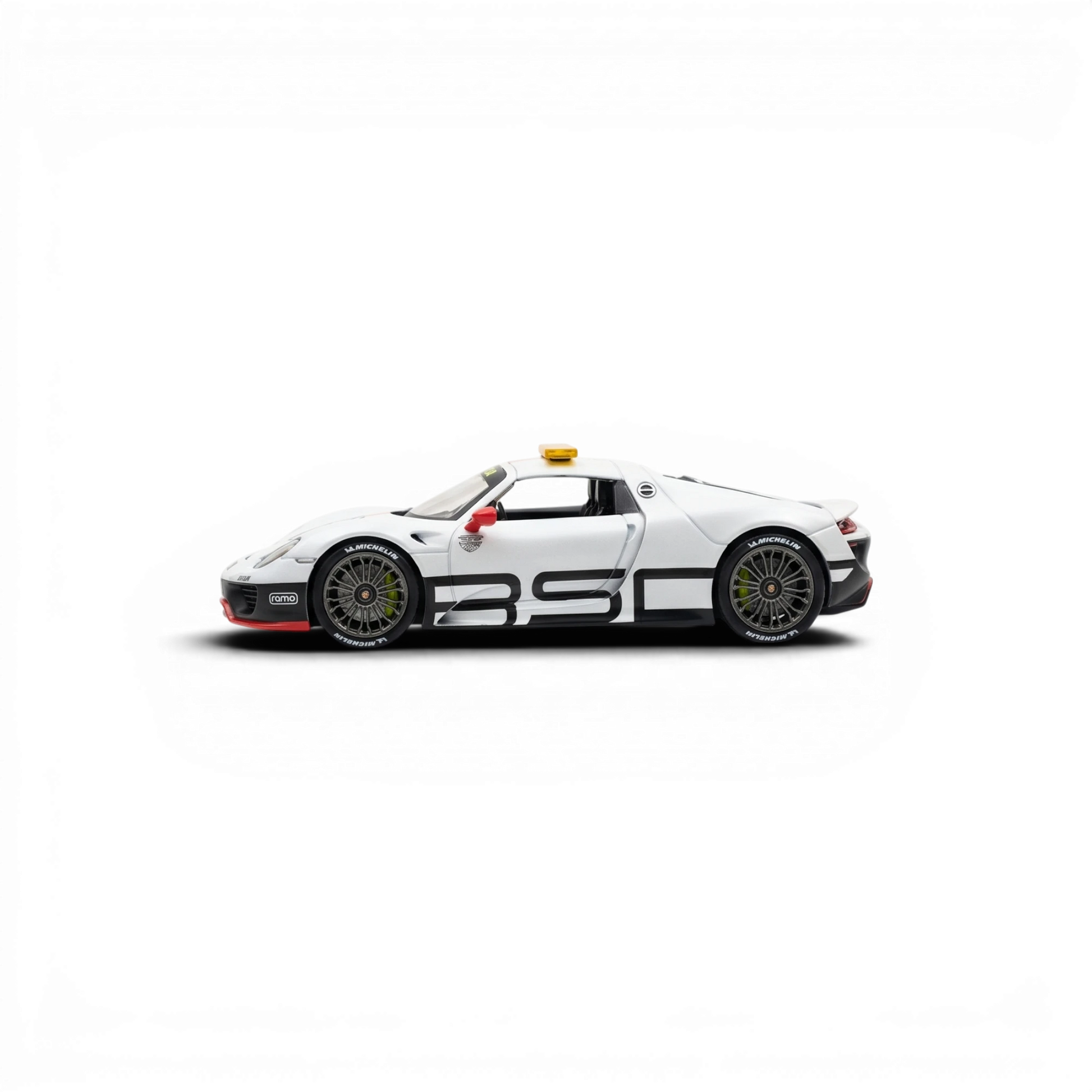 Lot57Supplies Diecast Shop HALO x EDM Porsche 918 Spyder Le Mans Safety Car 1:64 scale resin model with white body and black graphics.