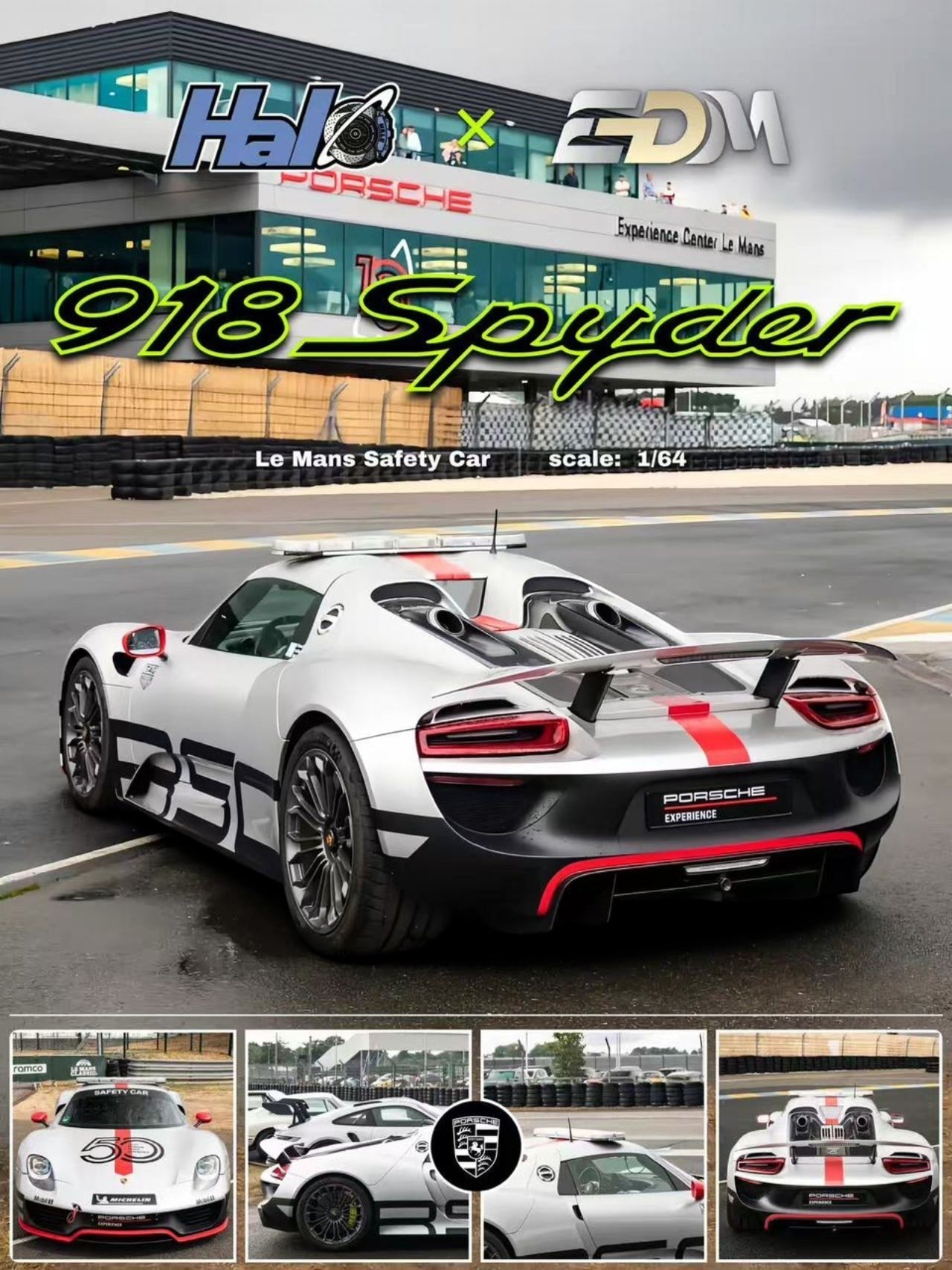 Lot57Supplies Diecast Shop HALO x EDM 1:64 scale Porsche 918 Spyder Le Mans Safety Car resin model.