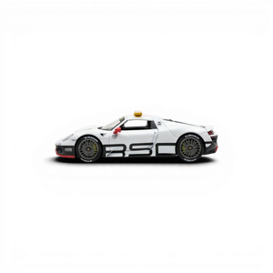 Lot57Supplies Diecast Shop 1:64 scale white Porsche 918 Spyder Le Mans Safety Car model with black racing stripes and yellow light.