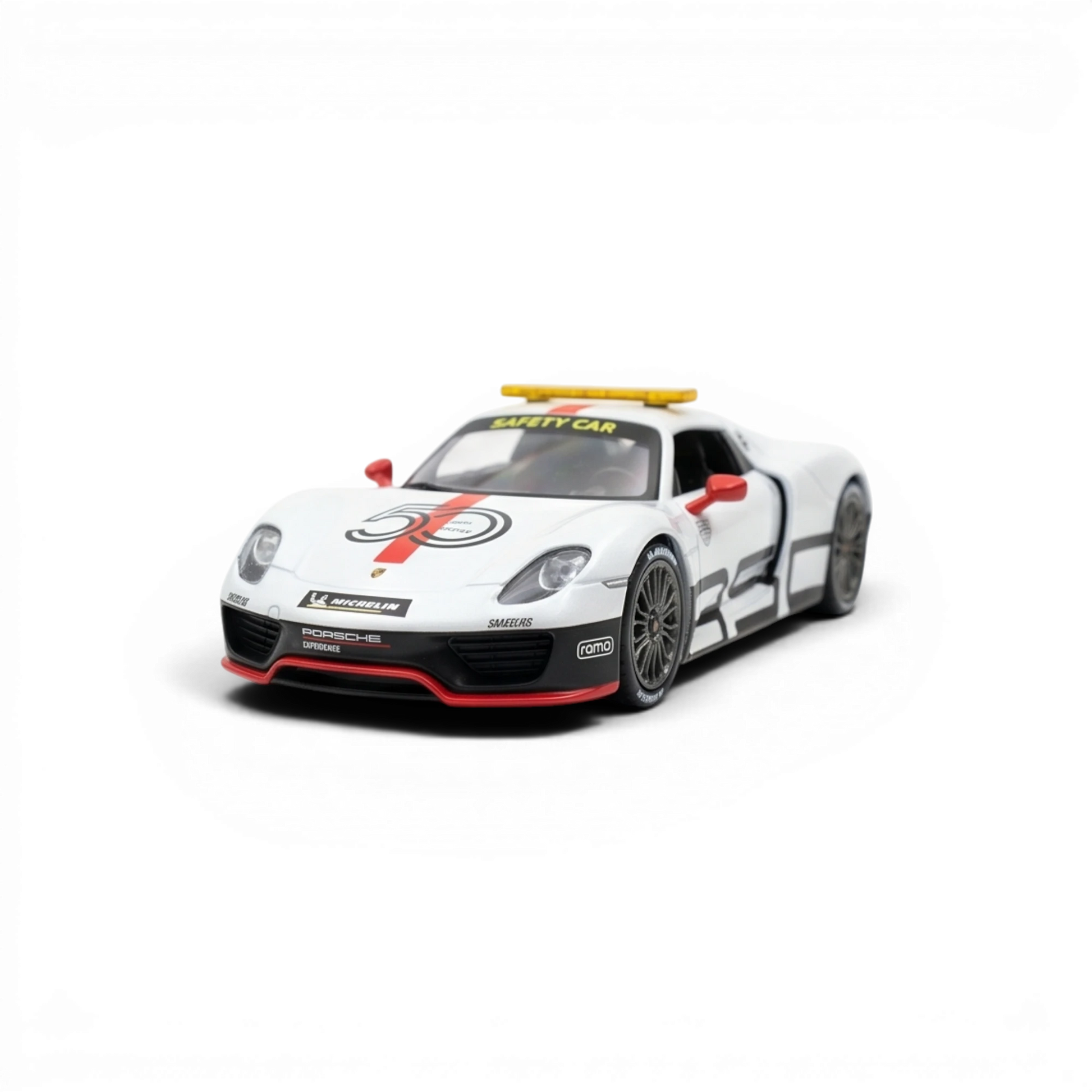 Lot57Supplies Diecast Shop HALO x EDM Porsche 918 Spyder 1:64 Le Mans Safety Car model. White resin diecast with red accents and racing decals.