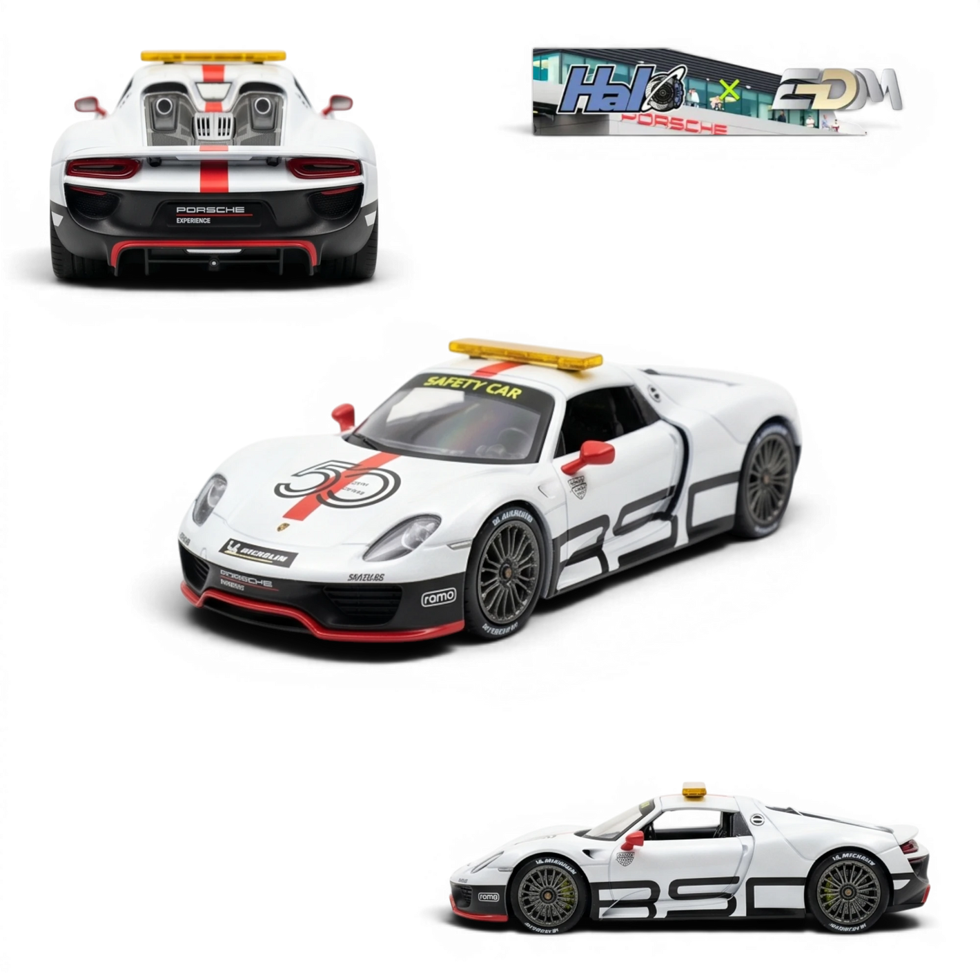Lot57Supplies Diecast Shop HALO x EDM Porsche 918 Spyder Le Mans Safety Car 1:64 scale resin model with white body, red accents, and yellow light bar.