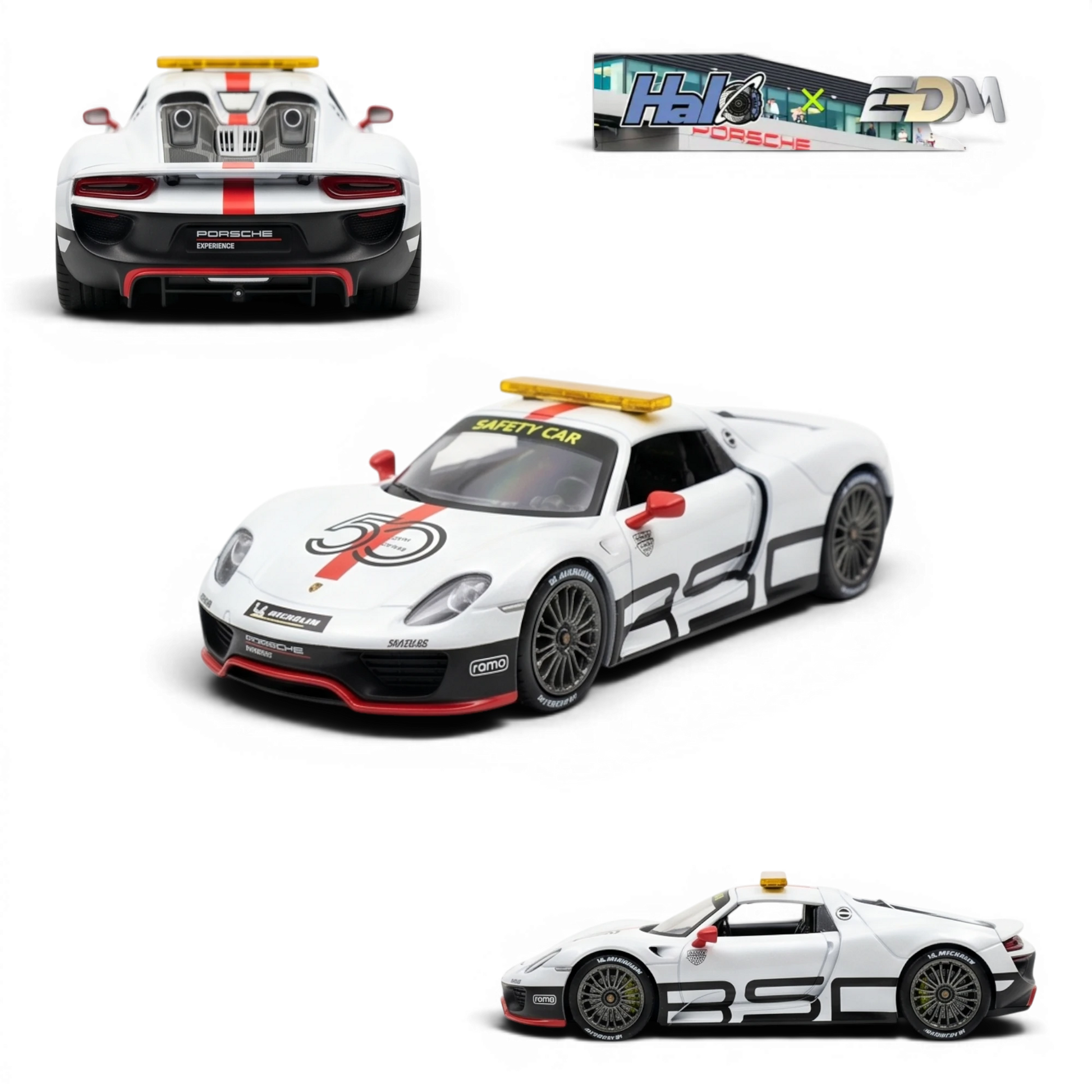 Lot57Supplies Diecast Shop HALO x EDM Porsche 918 Spyder Le Mans Safety Car 1:64 scale resin model with white body, red accents, and yellow light bar.