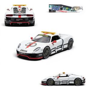 Lot57Supplies Diecast Shop HALO x EDM Porsche 918 Spyder Le Mans Safety Car 1:64 scale resin model with white body, red accents, and yellow light bar.