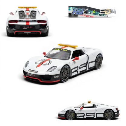 Lot57Supplies Diecast Shop HALO x EDM Porsche 918 Spyder Le Mans Safety Car 1:64 scale resin model with white body, red accents, and yellow light bar.