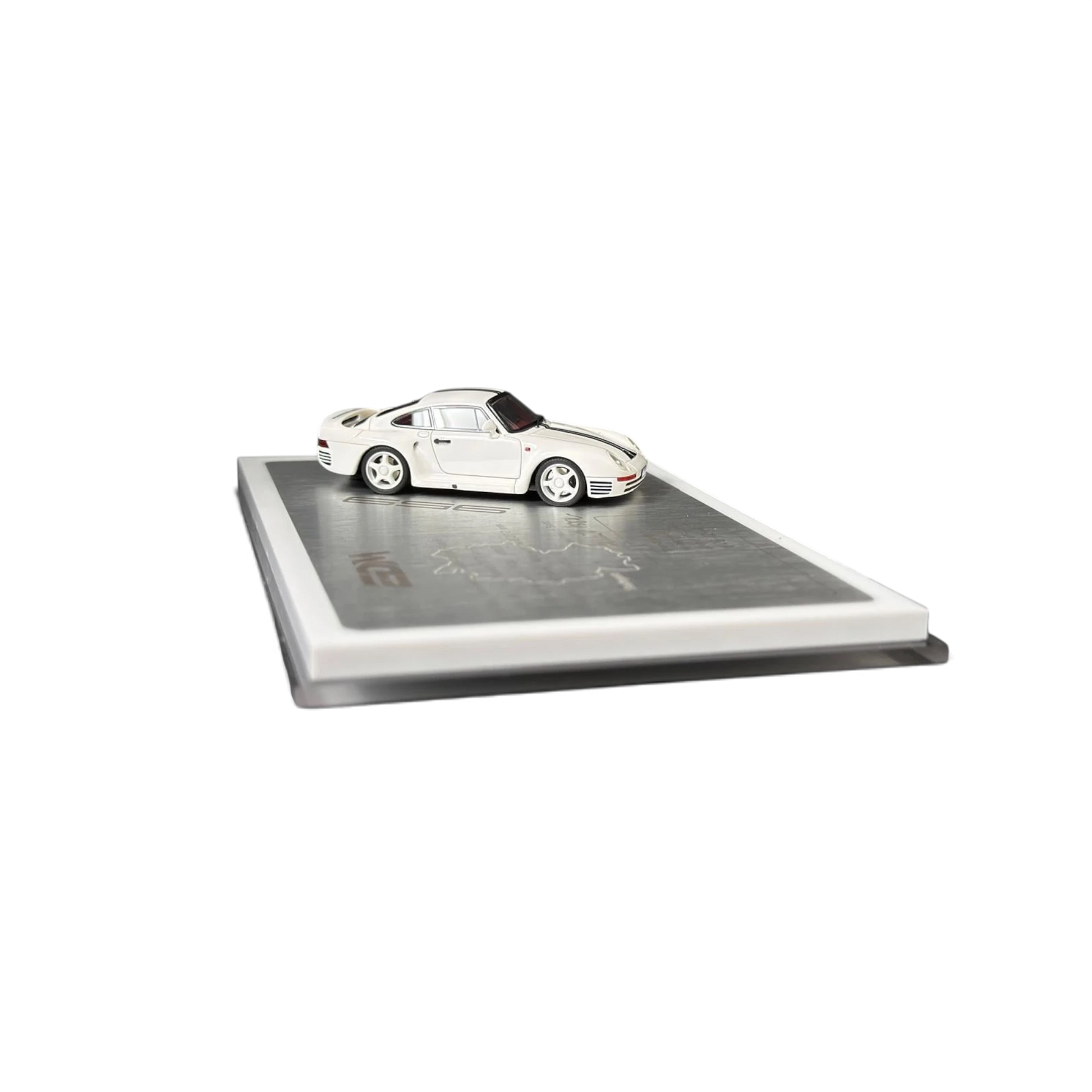 Lot57Supplies Diecast Shop Petrolab x EDM 1:64 scale white Porsche 959 resin model car with stripe on display base