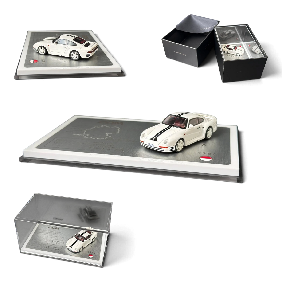 Lot57Supplies Diecast Shop Petrolab x EDM Porsche 959 1:64 scale white resin model car with racing stripes on display