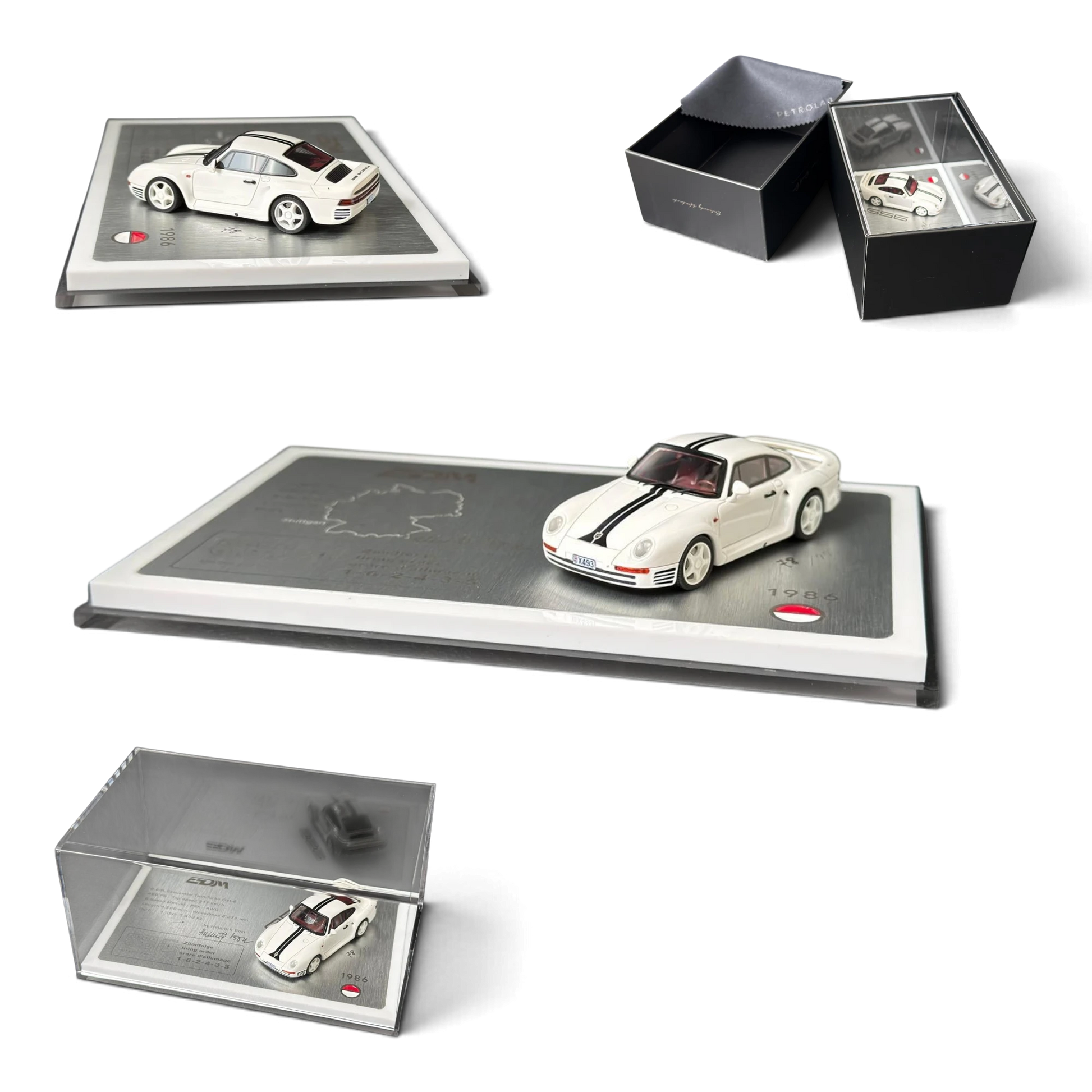 Lot57Supplies Diecast Shop Petrolab x EDM Porsche 959 1:64 scale white resin model car with racing stripes on display