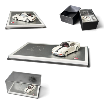 Lot57Supplies Diecast Shop Petrolab x EDM Porsche 959 1:64 scale white resin model car with racing stripes on display