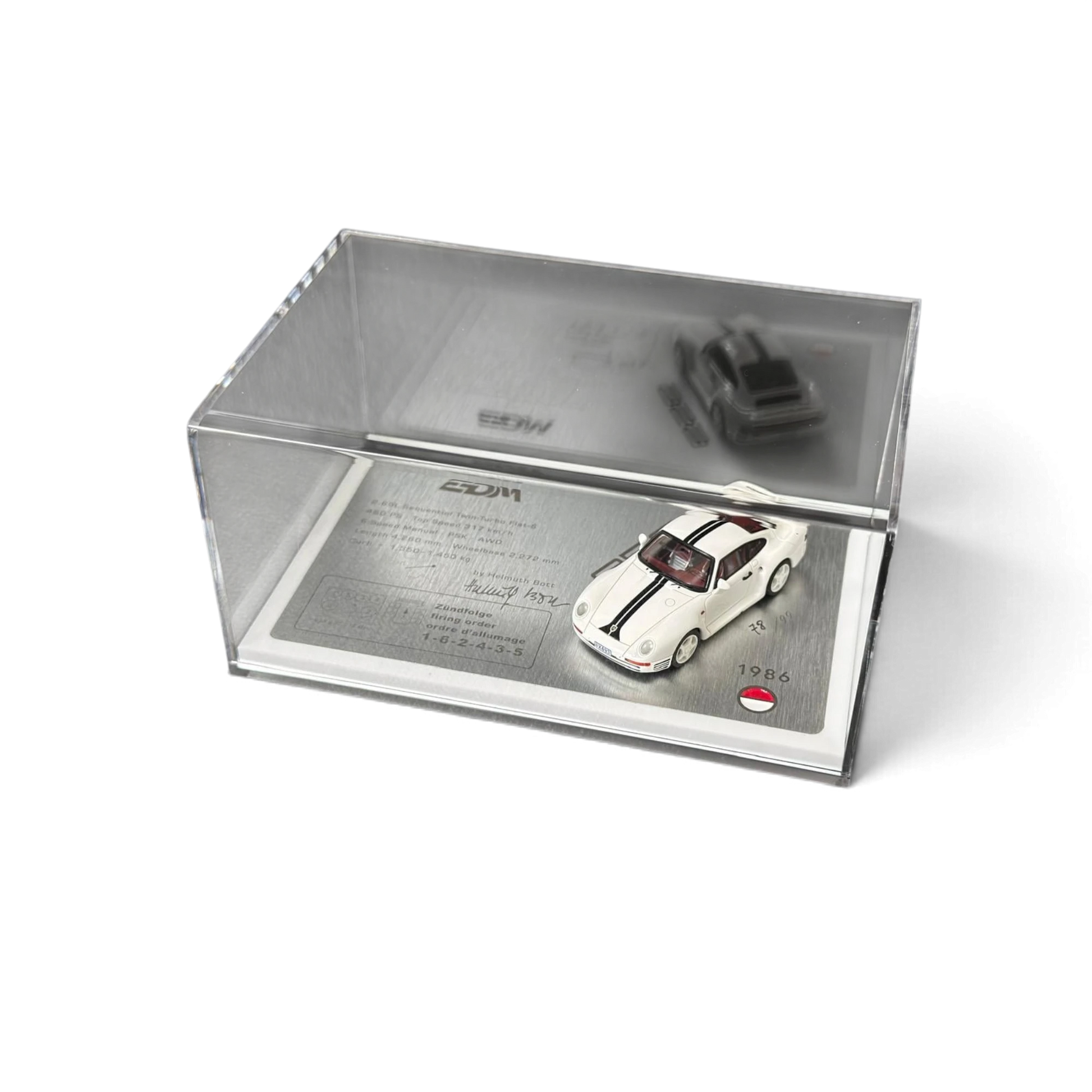 Lot57Supplies Diecast Shop Petrolab x EDM 1:64 scale white Porsche 959 resin model car with stripes in display case