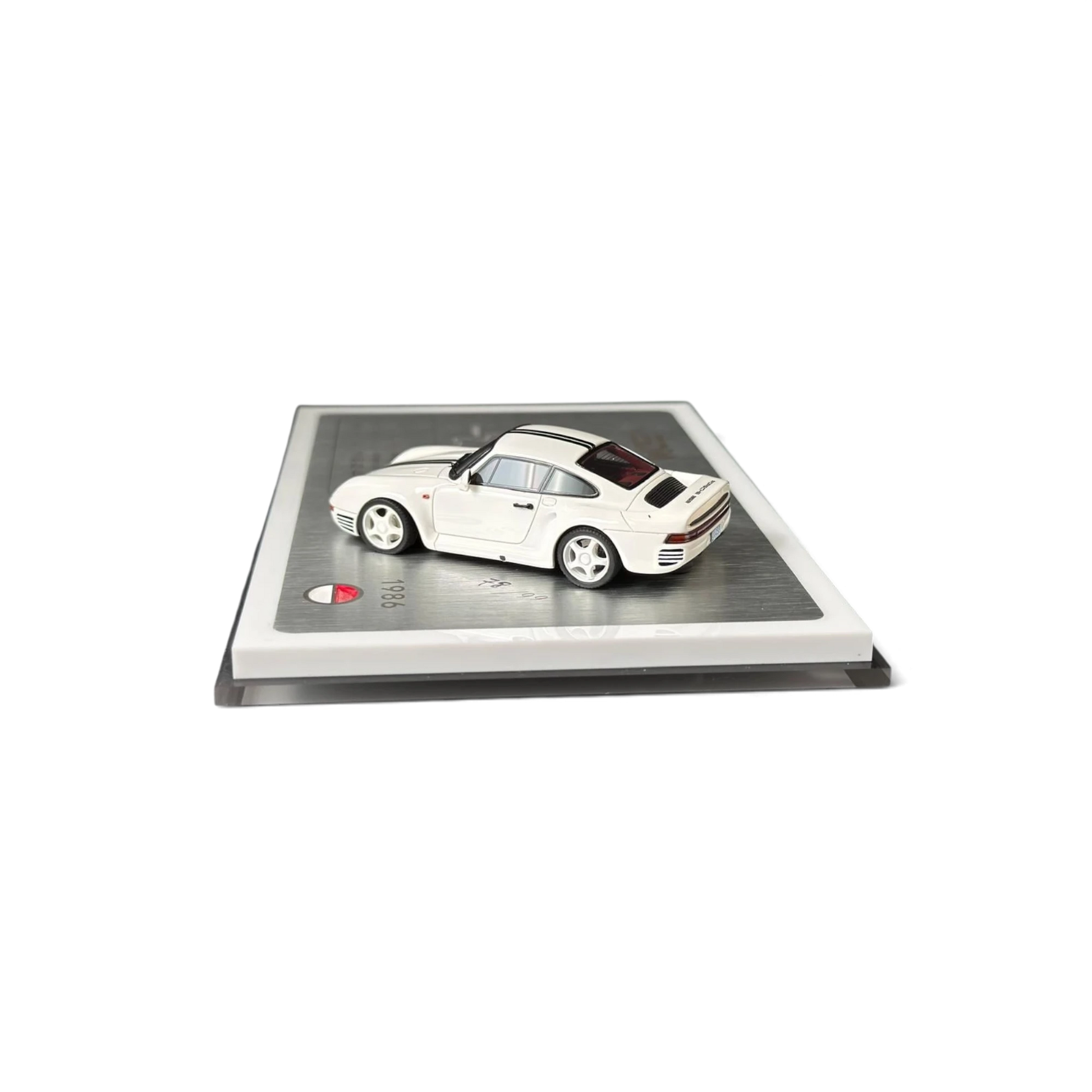 Lot57Supplies Diecast Shop Petrolab x EDM 1:64 scale white Porsche 959 resin model car with stripe on display base