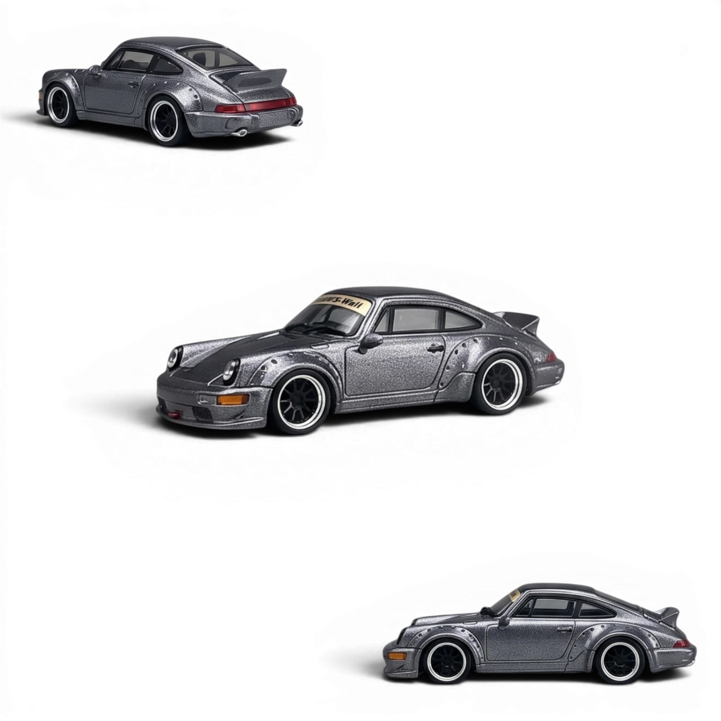 Lot57Supplies Diecast Shop metallic gray Porsche 964 widebody diecast model car in 1:64 scale with snap-on wheels.