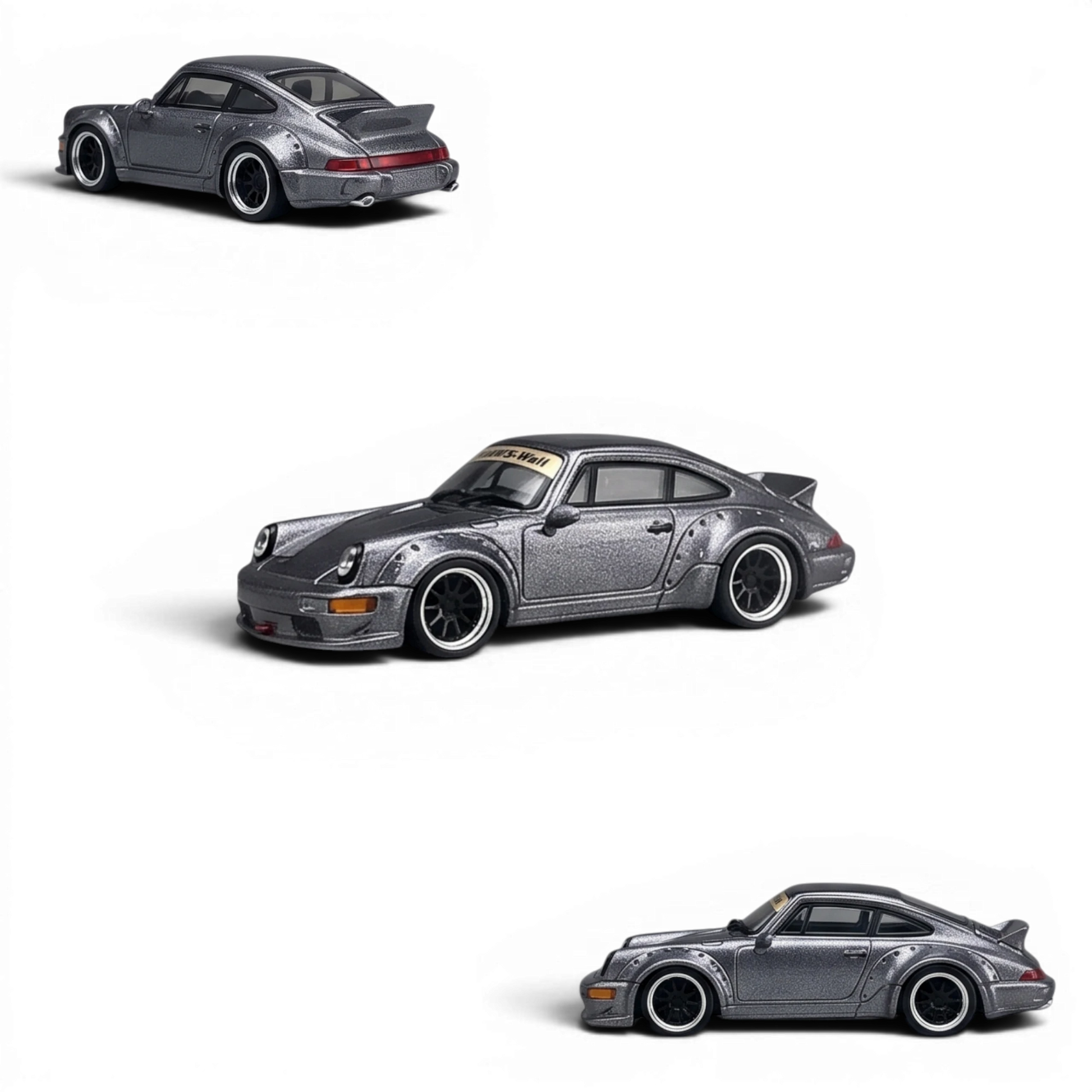 Lot57Supplies Diecast Shop metallic gray Porsche 964 widebody diecast model car in 1:64 scale with snap-on wheels.