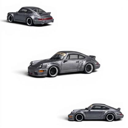 Lot57Supplies Diecast Shop metallic gray Porsche 964 widebody diecast model car in 1:64 scale with snap-on wheels.