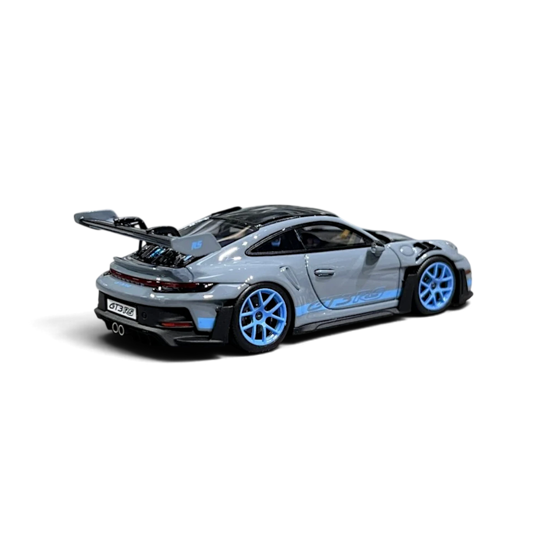 Lot57Supplies Diecast Shop HH Model Porsche 992.1 GT3 RS in Arctic Grey with blue wheels, 1:64 scale resin model.