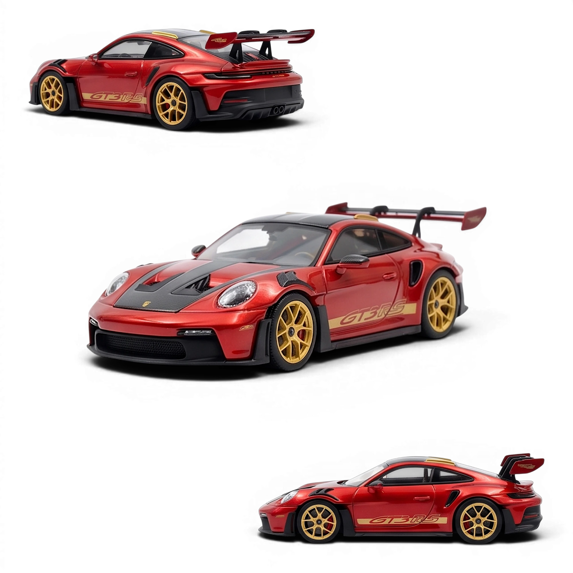 Lot57Supplies Diecast Shop HH Model 1:64 scale metallic red Porsche 992.1 GT3 RS resin model car with gold wheels