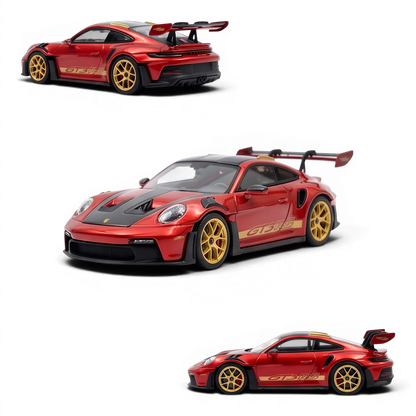 Lot57Supplies Diecast Shop HH Model 1:64 scale metallic red Porsche 992.1 GT3 RS resin model car with gold wheels