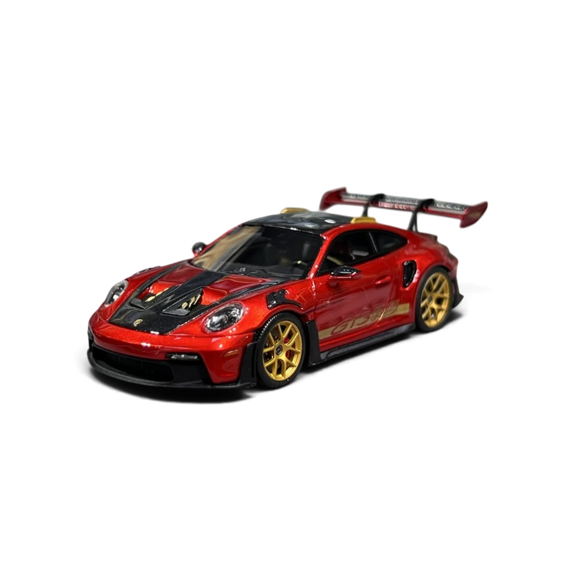 Lot57Supplies Diecast Shop HH Model 1:64 scale metallic red Porsche 992.1 GT3 RS resin model car with gold wheels