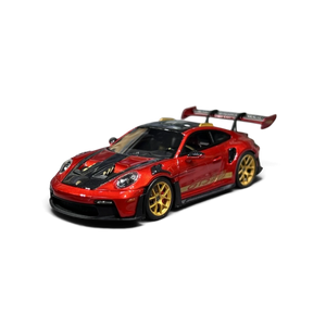 Lot57Supplies Diecast Shop HH Model 1:64 scale metallic red Porsche 992.1 GT3 RS resin model car with gold wheels