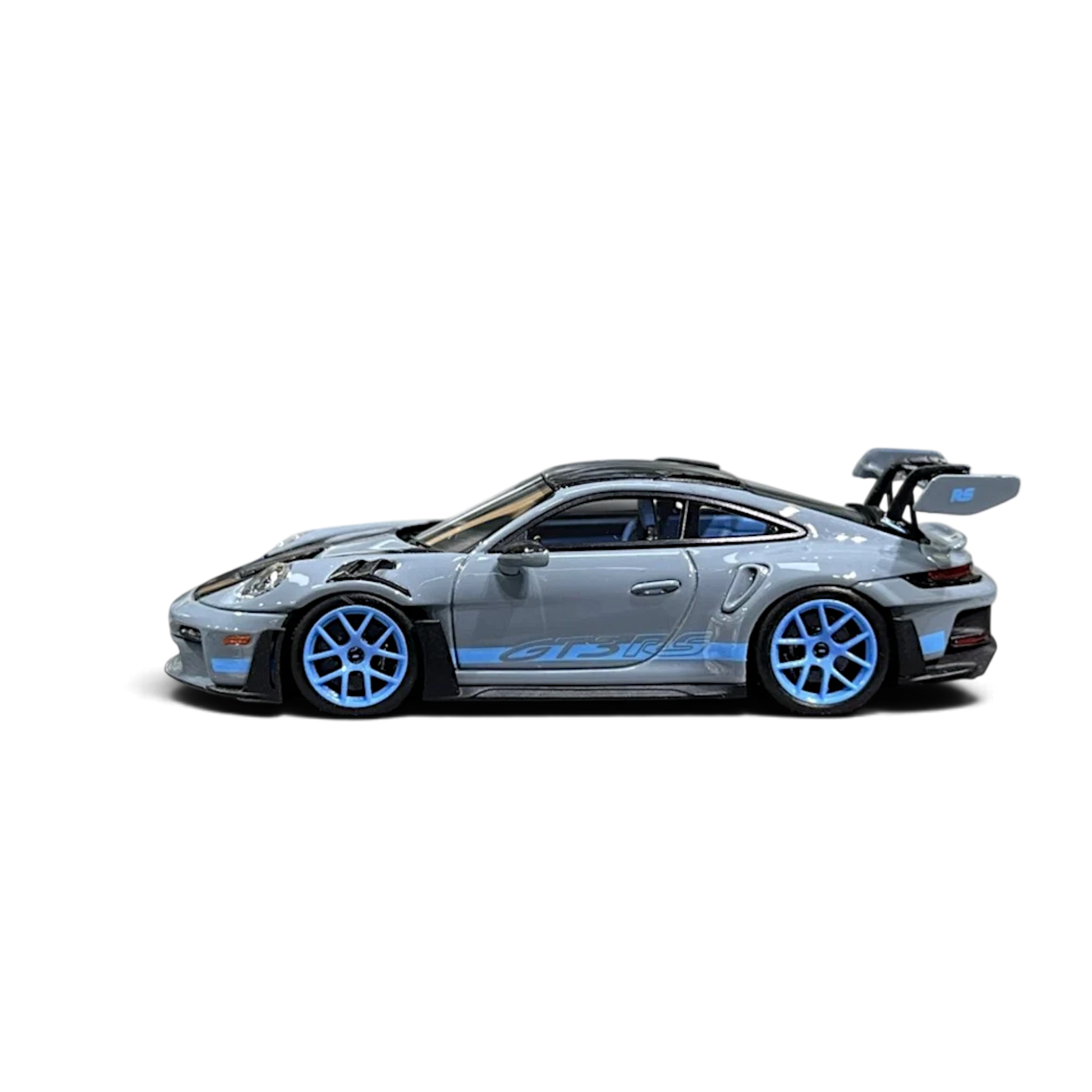 Lot57Supplies Diecast Shop 1:64 scale HH Model Porsche 992.1 GT3 RS in Arctic Grey with bright blue wheels