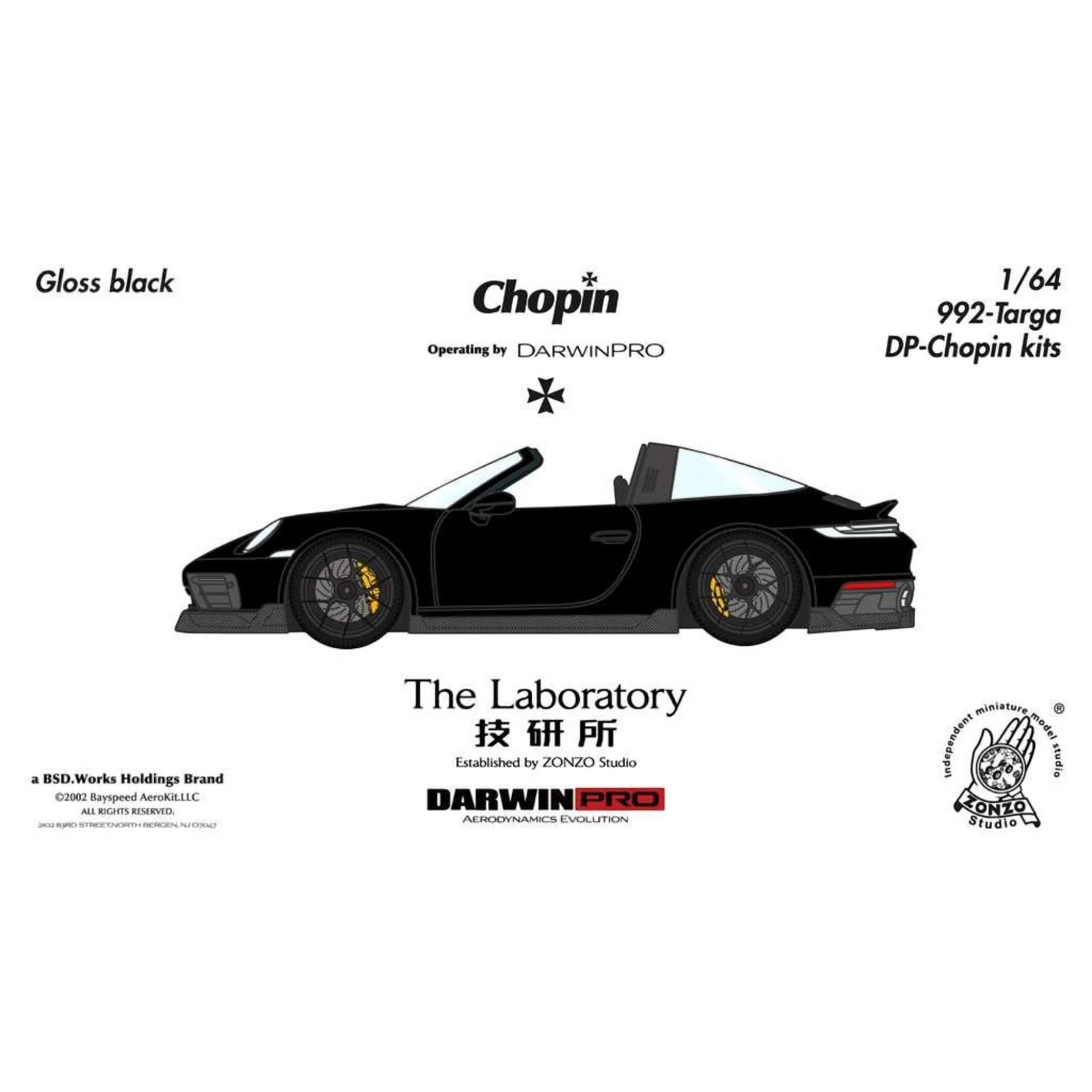 Lot57Supplies Diecast Shop: Gloss black 1:64 scale resin model of Porsche 911 (992) Targa Chopin Kit by The Laboratory x DarwinPRO.
