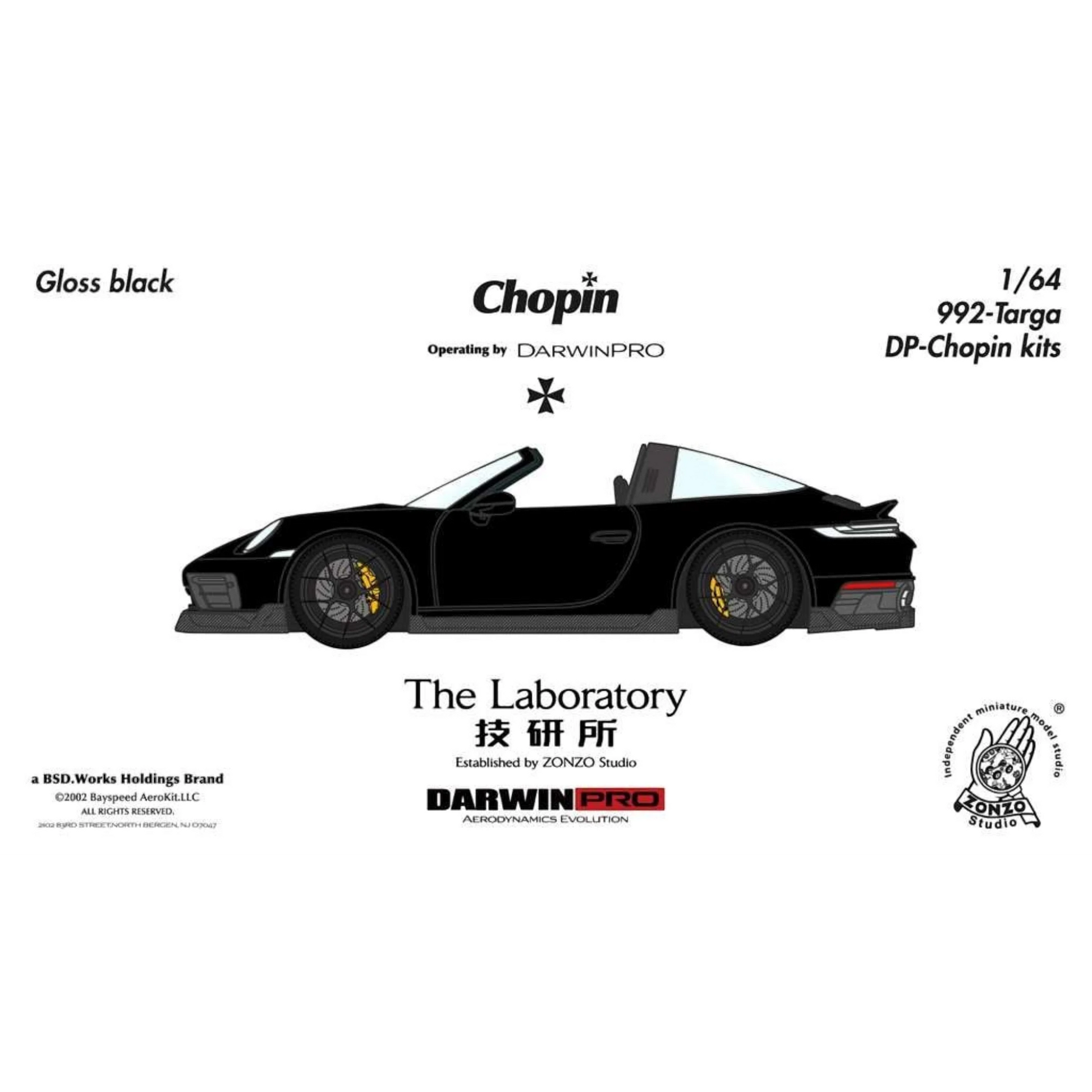 Lot57Supplies Diecast Shop: Gloss black 1:64 scale resin model of Porsche 911 (992) Targa Chopin Kit by The Laboratory x DarwinPRO.