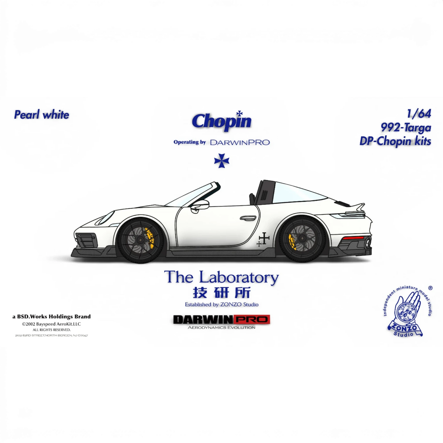 Lot57Supplies Diecast Shop: The Laboratory x DarwinPRO 1:64 scale Pearl White Porsche 911 (992) Targa Chopin Kit resin model.