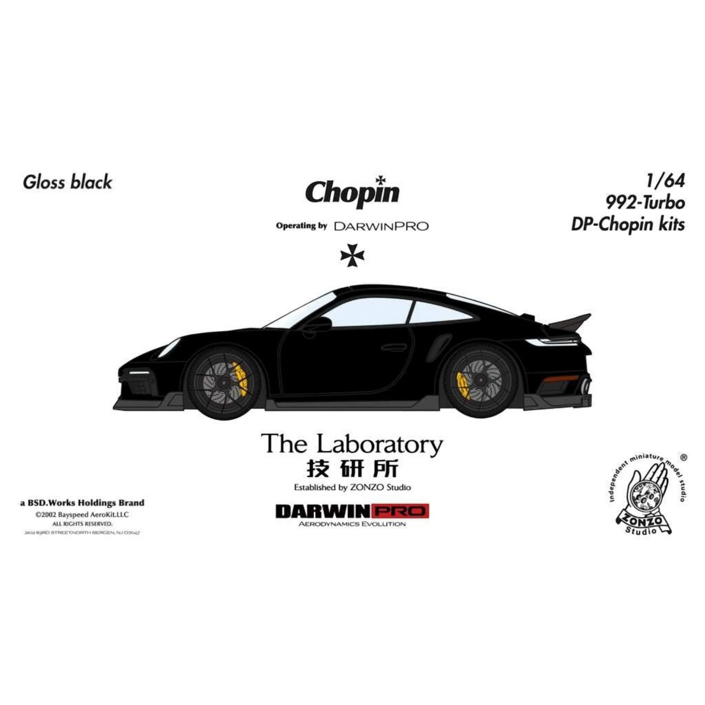 Lot57Supplies Diecast Shop: Gloss black 1:64 scale resin model of Porsche 992 Turbo Chopin Kit by The Laboratory x DarwinPRO.
