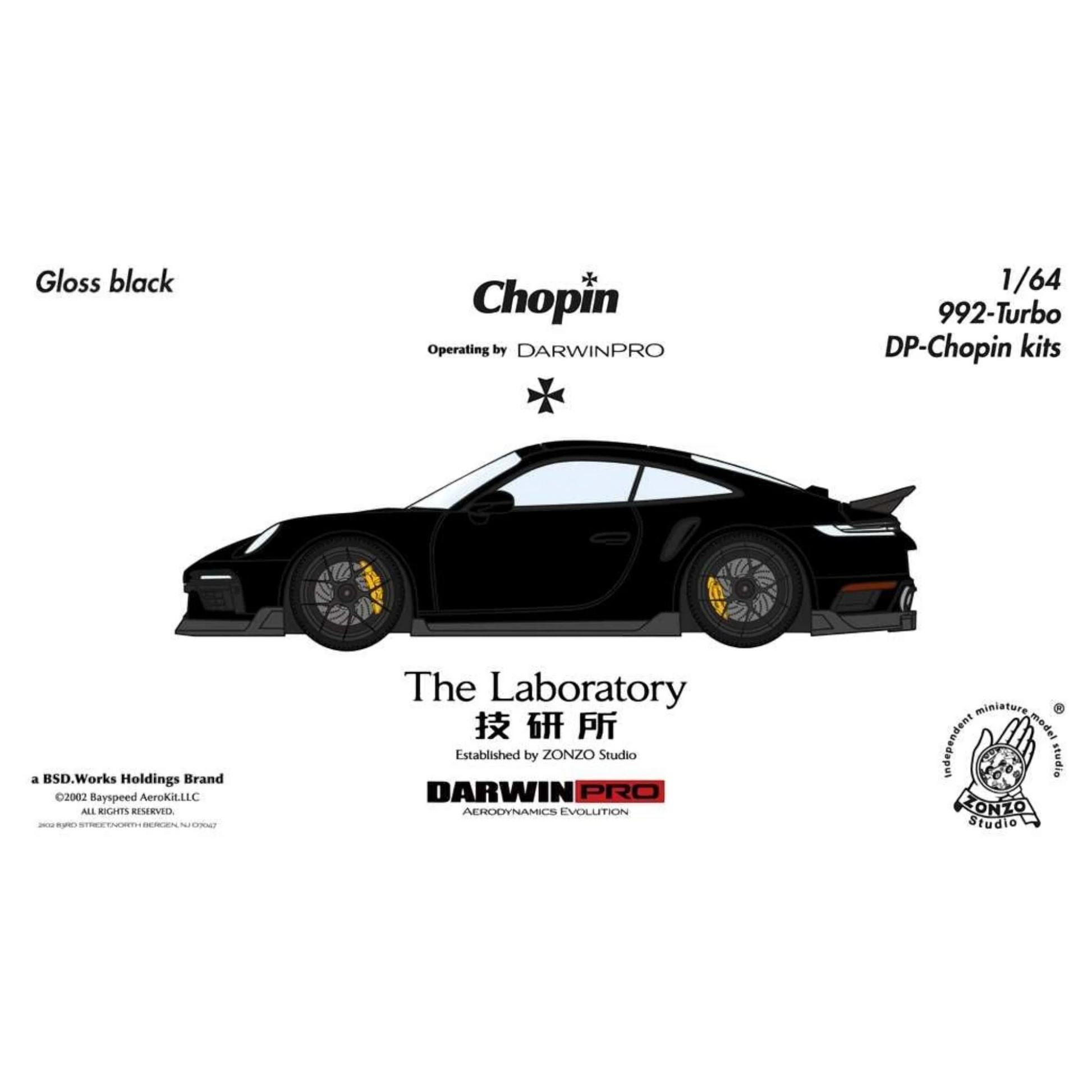 Lot57Supplies Diecast Shop: Gloss black 1:64 scale resin model of Porsche 992 Turbo Chopin Kit by The Laboratory x DarwinPRO.