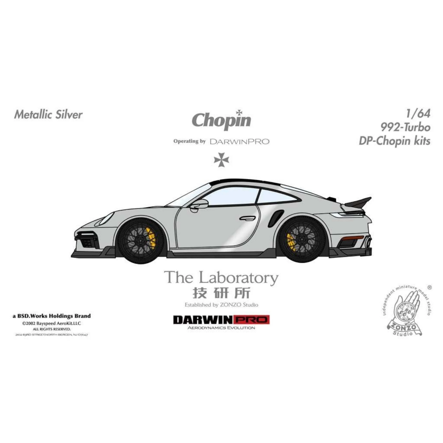 Lot57Supplies Diecast Shop metallic silver 1:64 Porsche 992 Turbo Chopin Kit resin model car with yellow brake calipers.