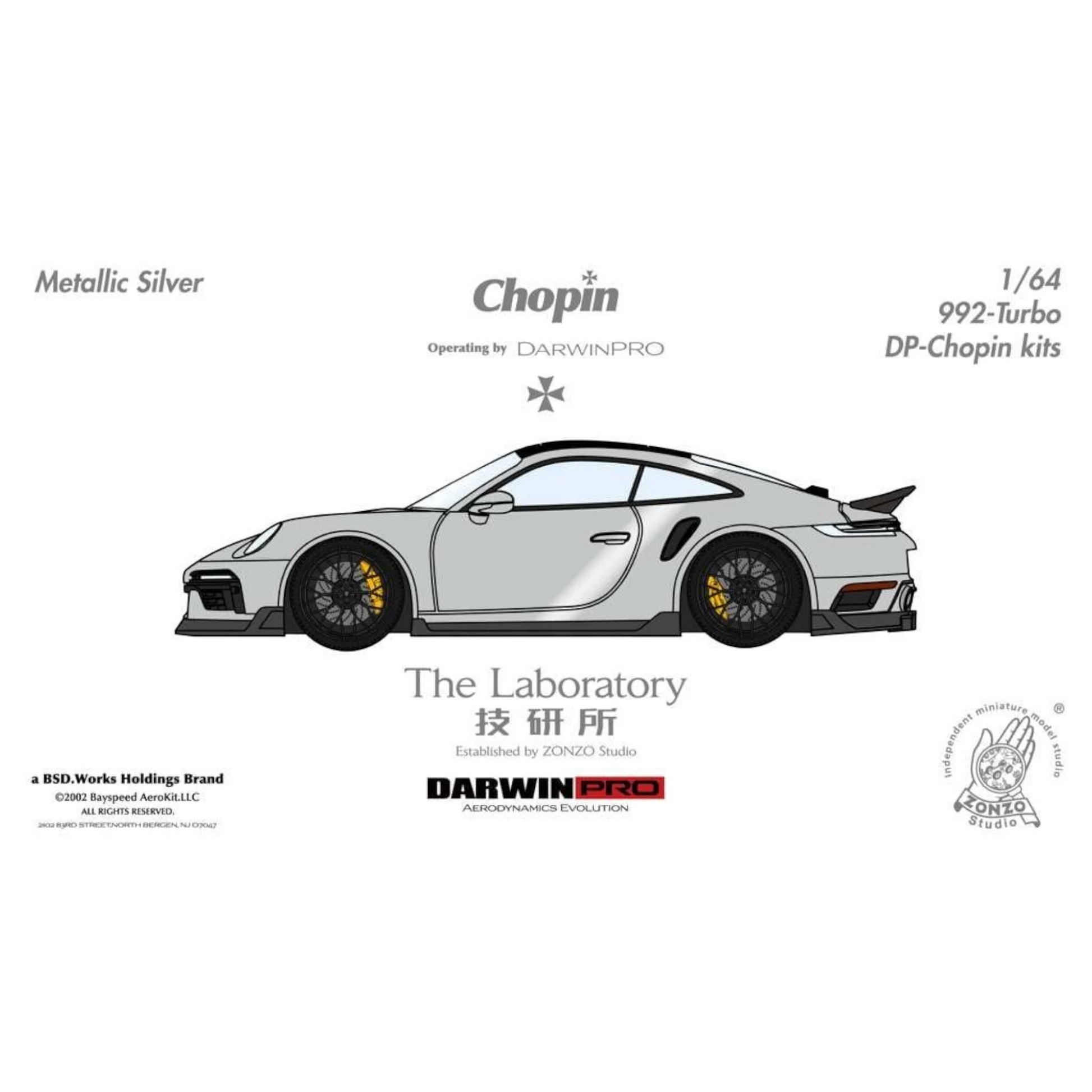 Lot57Supplies Diecast Shop metallic silver 1:64 Porsche 992 Turbo Chopin Kit resin model car with yellow brake calipers.