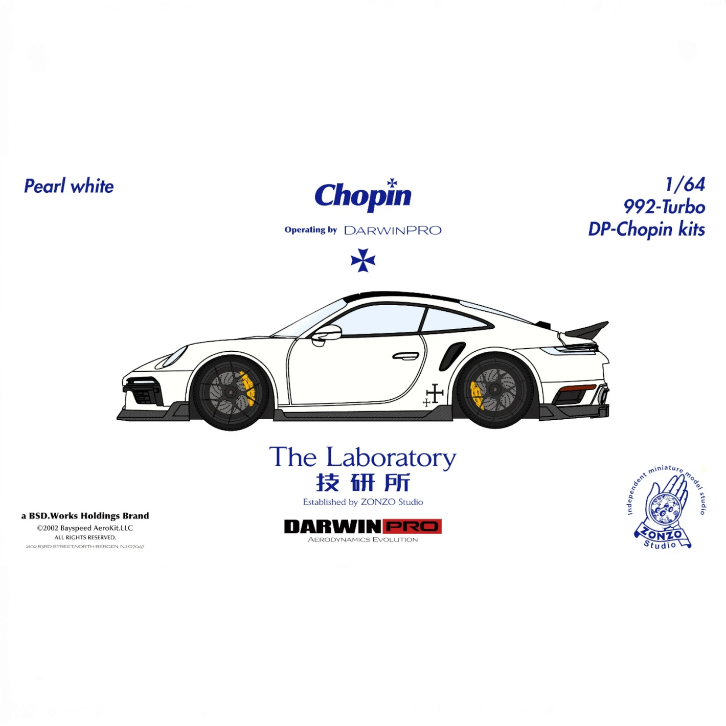 Lot57Supplies Diecast Shop: Pearl white 1:64 scale resin model of Porsche 992 Turbo Chopin Kit by The Laboratory x DarwinPRO.
