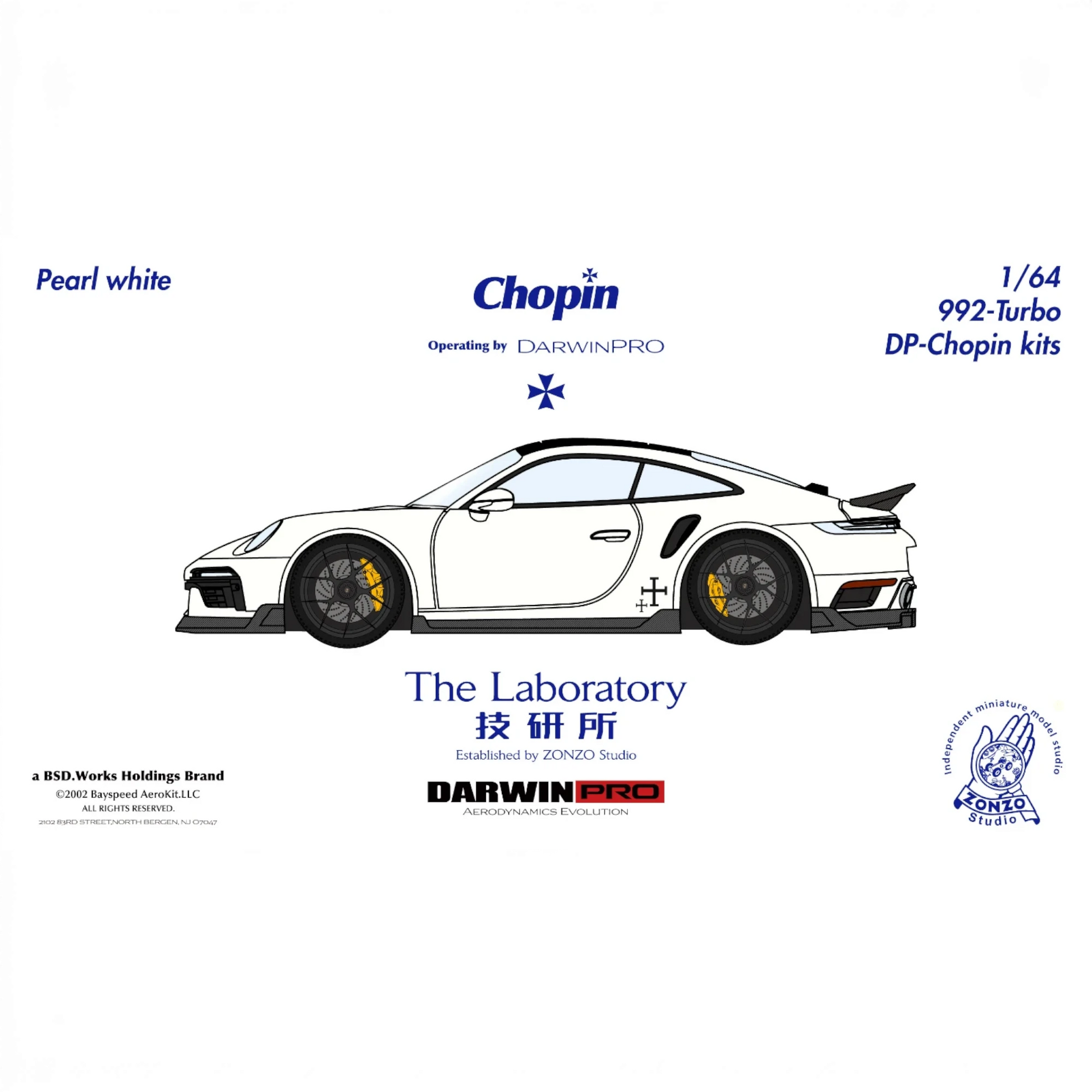 Lot57Supplies Diecast Shop: Pearl white 1:64 scale resin model of Porsche 992 Turbo Chopin Kit by The Laboratory x DarwinPRO.