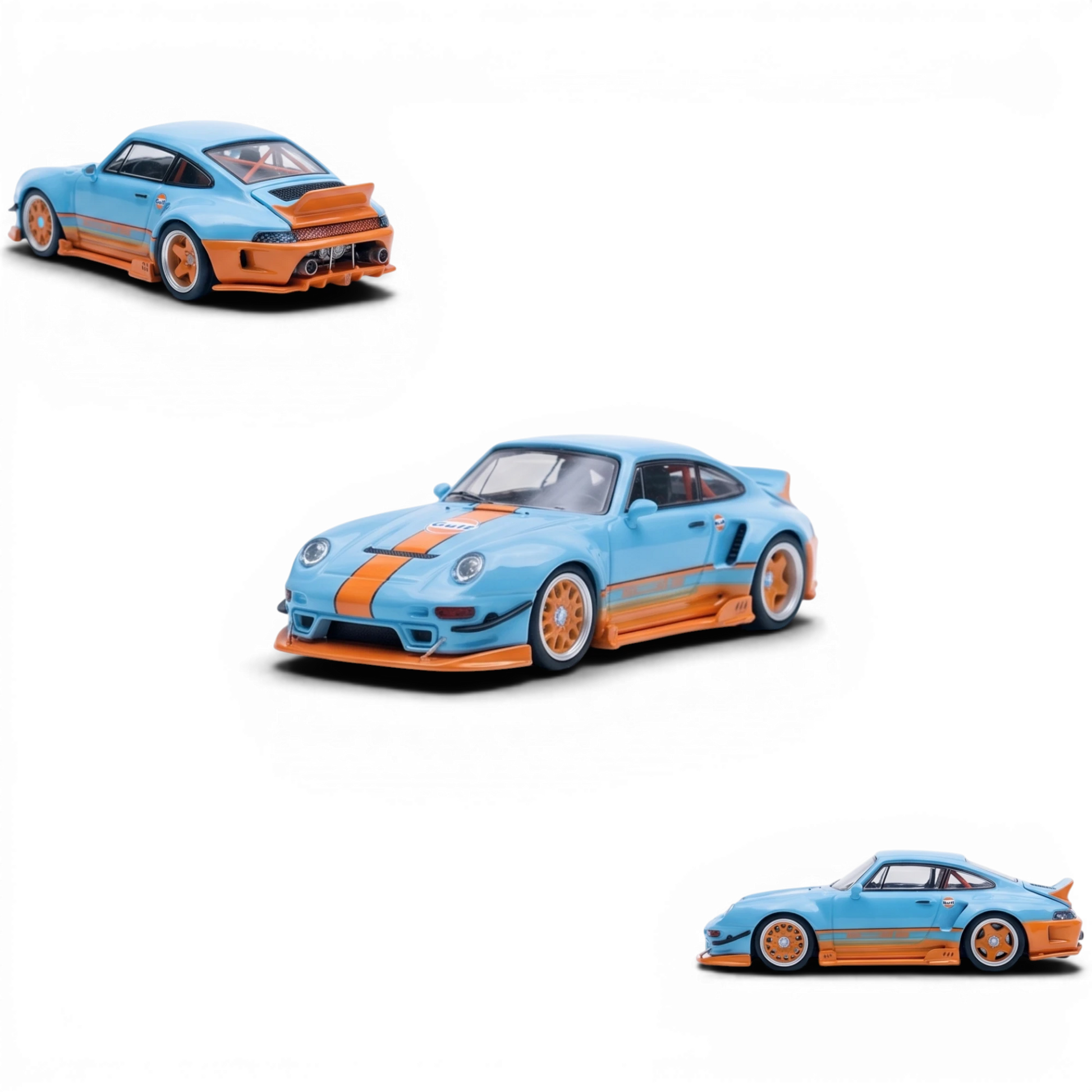 Lot57Supplies Diecast Shop blue and orange Gulf Livery Porsche 993 modified 1:64 scale diecast model car.